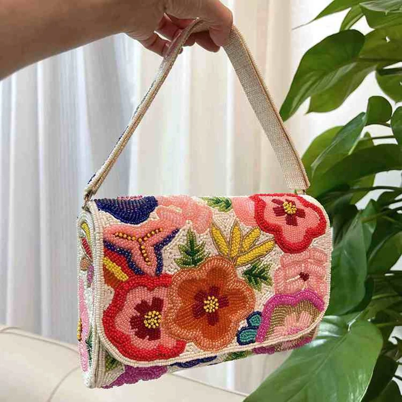 DOYUTIG Brand Indian's Handmade Bead Flower Tote Bag  Embroidery Beads Diagonal Handbag Vintage Party Single Shoulder Bag N021