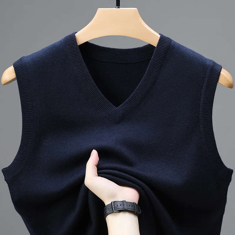 KIDWHXR Men Knitted Vest Autumn Slim Soid V-neck Sleeveless Male Sweater Pullovers Business Casual Comfortable Man Waistcoat view 3
