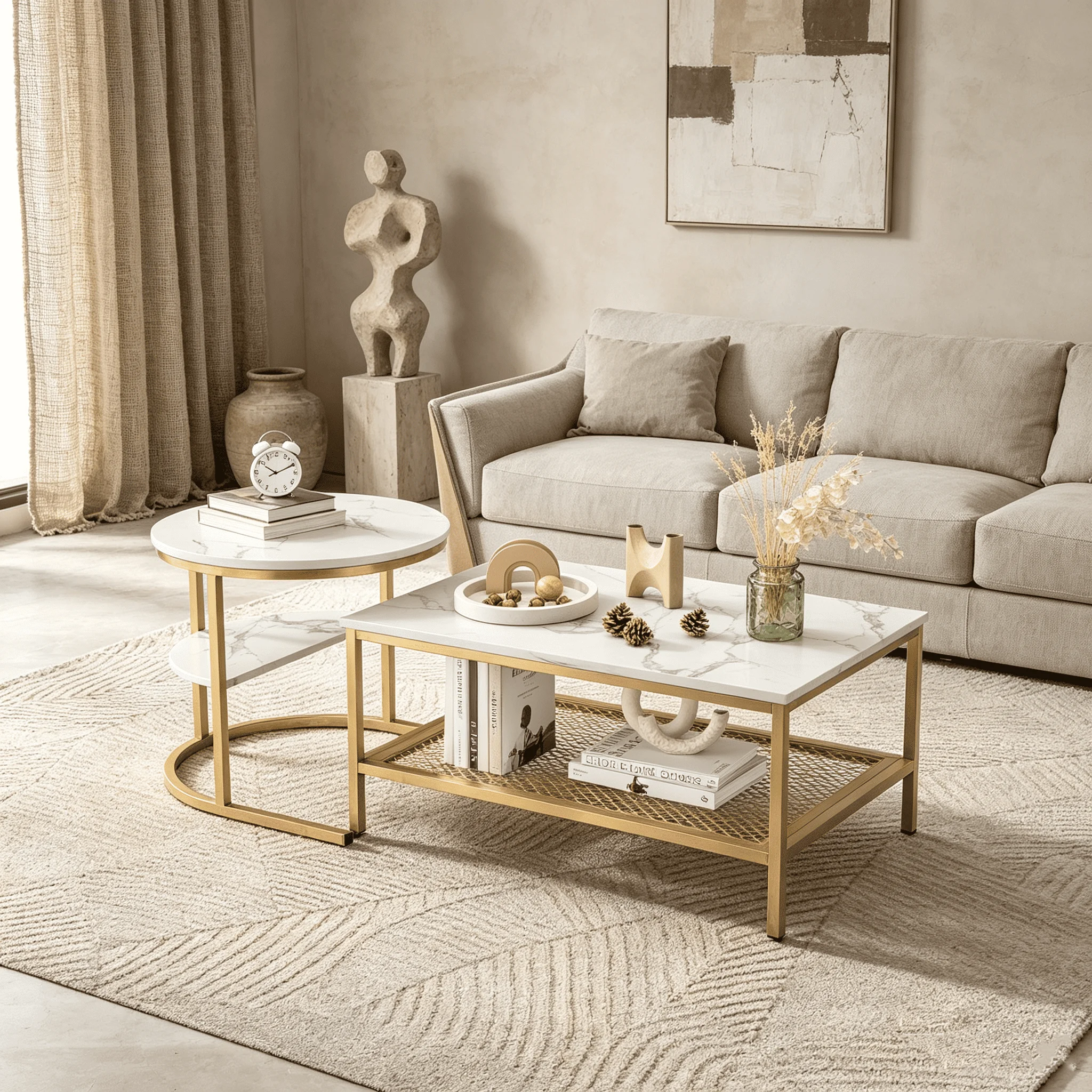 Rosahqnda Ensemble de 2 tables basses, tables d'appoint, aspect marbre avec structure et étagère en métal, table basse avec espace de rangement, table de salon, table de canapé pour salon, chambre à coucher (blanc + doré)