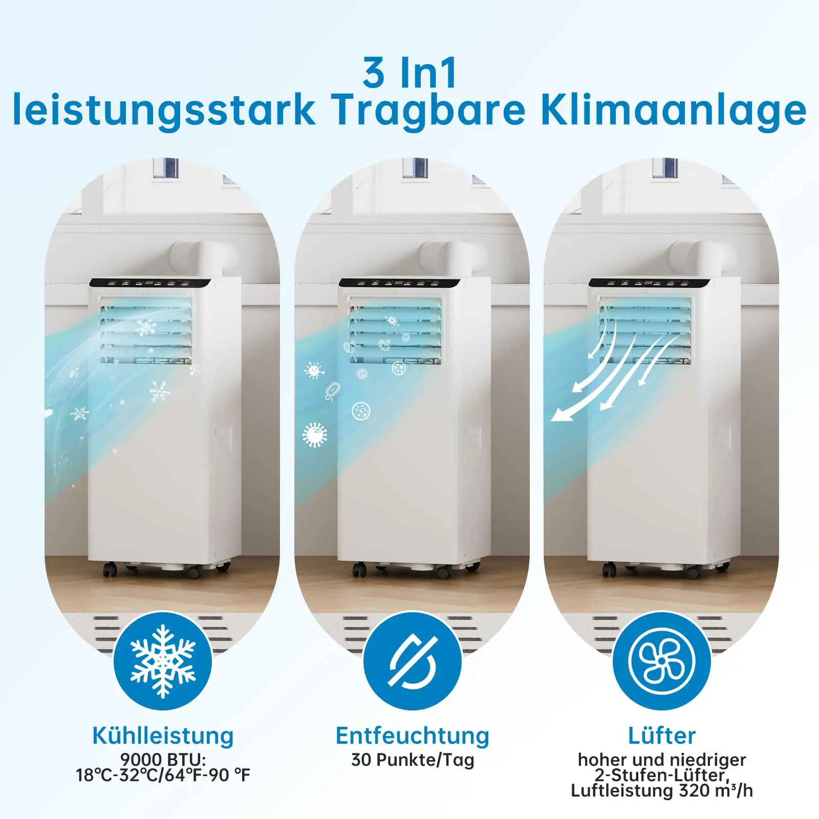 مكيف هواء متنقل 9000 وحدة حرارية بريطانية، مزيل الرطوبة، مروحة سرعتين، نوم ذكي، مع أنبوب عادم هواء للتحكم عن بعد للمكتب المنزلي #3