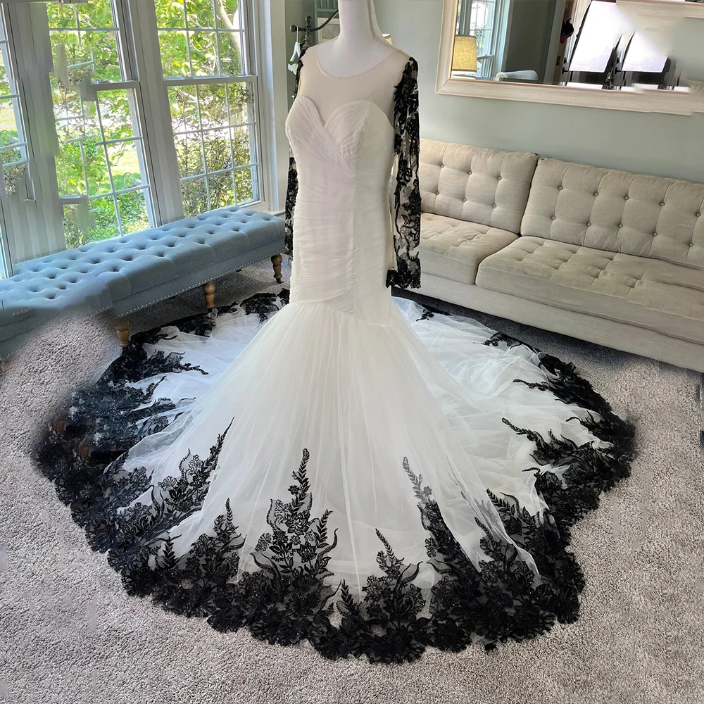 

Gothic Wedding Dresses O-Neck Long Sleeve Mermaid Bride Dress Appliques Pleat Halloween Bridal Gown Customized robe de mariée