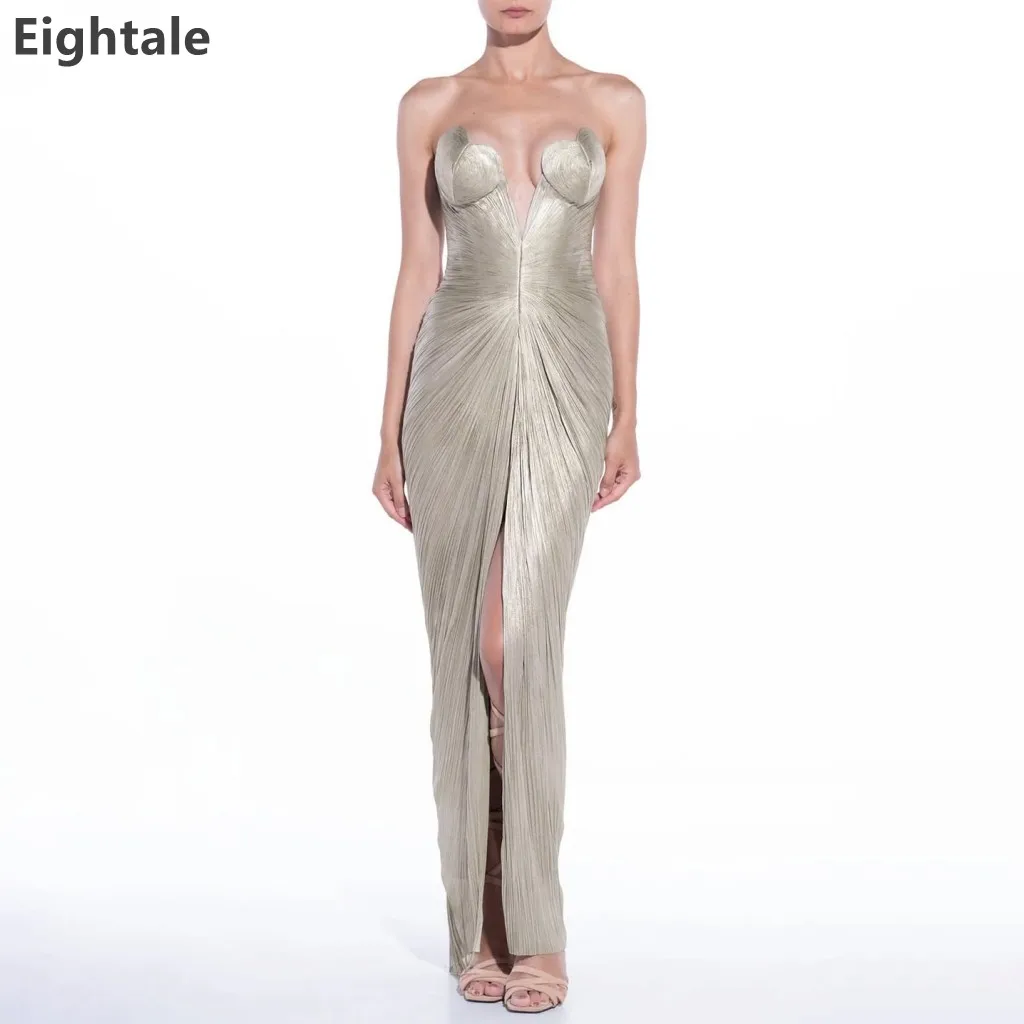 

Eightale 2025 Silver Silk Chiffon Pleated Mermaid Evening Dress Wedding Party Maxi Formal Prom Dress Dubai Party Gown Customized