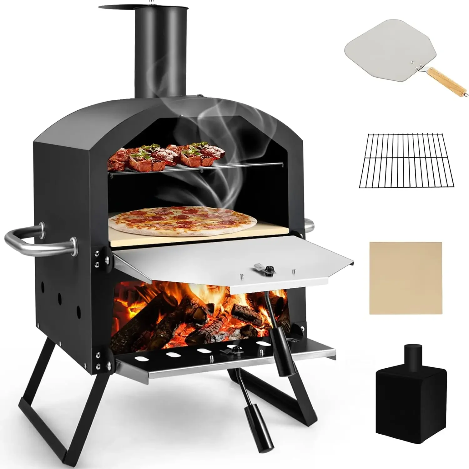 Outdoor Pizza Oven Wood Fired, 2-Layer Maker with Stone, Peel, Removable Cooking Rack, Waterproof Cover