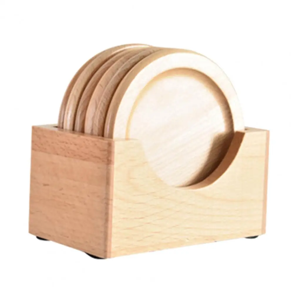 Solid Cup Holder 7pcs Wooden Coaster Set with Storage Box Japanese Style Natural Wood Drink Holders Heat-resistant for Kitchen