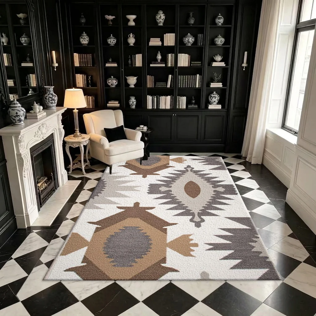 Bohemian Style Southwest Geometric Pattern Rug, Neutral Tribal Aztec Style Printed Square Rug, Suitable for Living Room Decoration