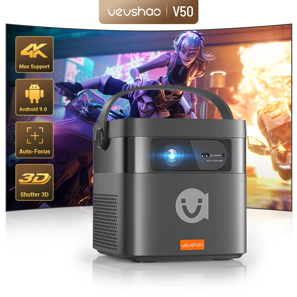 VEVSHAO V50 400ANSI DLP Projector Airplay Miracast 15000mAh Battery Android 9.0 TOF Focus 3D Portable Outdoor Movie Projector