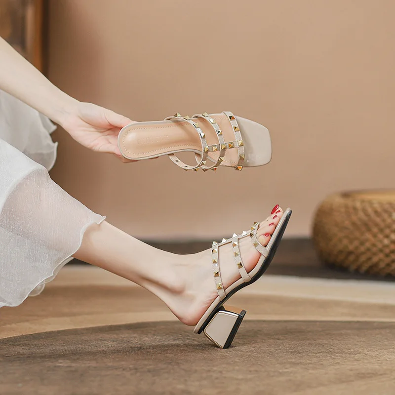 2024 Sandals Comfort Shoes for Women Open Toe Buckle Strap Block Heels Suit Female Beige Large Size New Peep Square Studded Chun