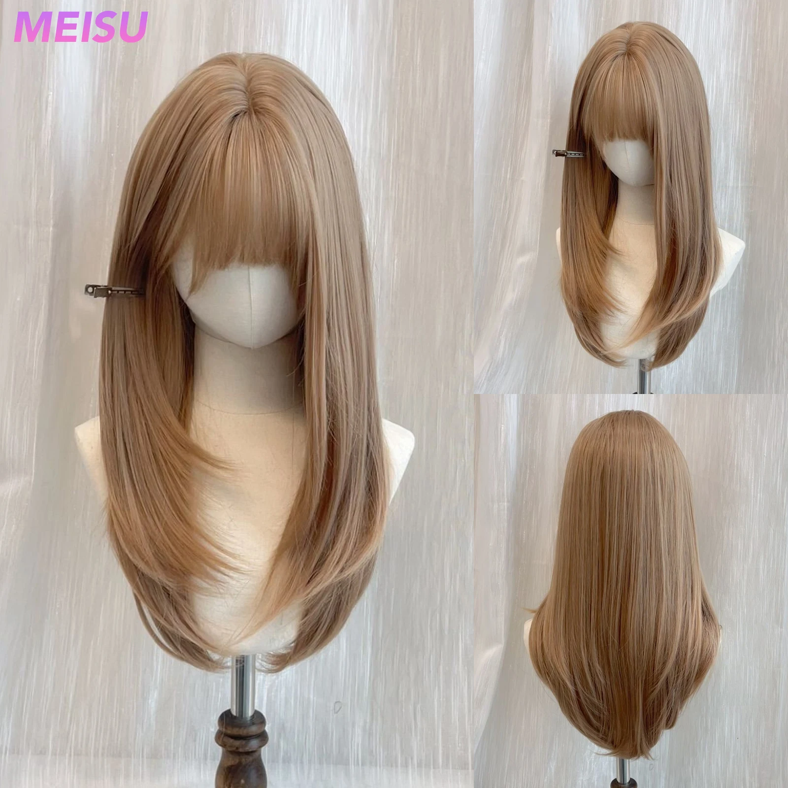 MEISU 24 Inch Straight Bangs Wig Flax Blonde Synthetic Fiber Layered Hair Heat-Resistant Natural Smooth Extend Hair Selfie Party