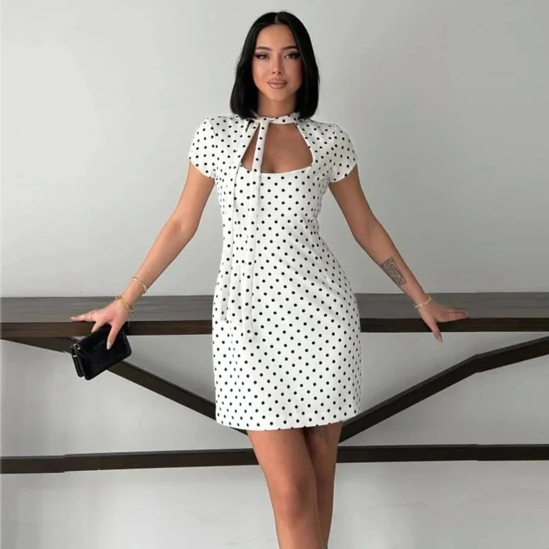 Fangokv Polka Dot Damenkleid mit Schleifen-Ausschnitt, kurze Kleider für Damen, Sommer-Partykleid 2026, Damen Kurzarm-Minikleid