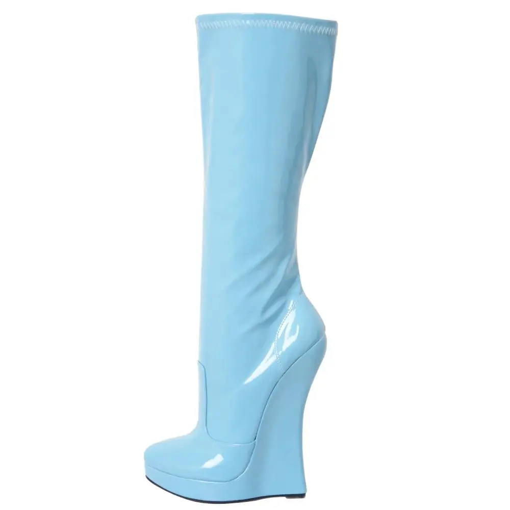 Women Knee-High Boots 18CM Super High Wedge Heel Patform Solid PU Leather Zip Sexy Boots