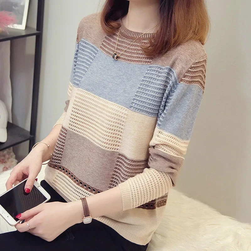 2023 New Sweater Women Purple Striped Stripes Pullover Thin Knitting Korean Version Loose Hook Hollow Jumper Casual Top