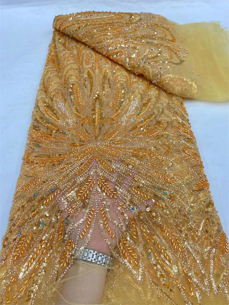 Luxury African Sequins Beaded Lace Fabric 2024 High Quality Groom Nigerian Wedding Bridal Embroidery French Tulle Sewing 5 Yards