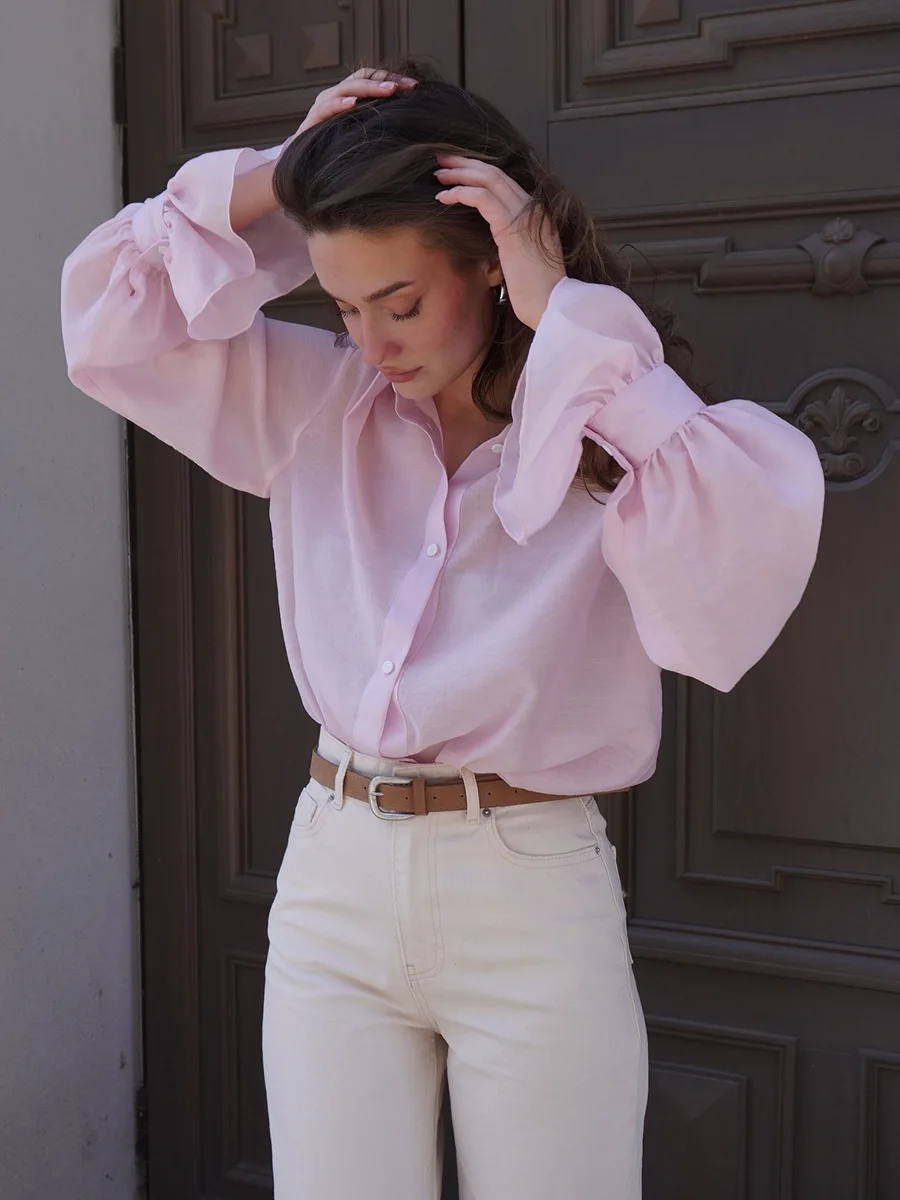 Bornladies 2025 ฤดูใบไม้ร่วงใหม่ผู้หญิงเดินทางTencelแขนยาวOffice Ladyลงเสื้อหลวมเสื้อลําลอง