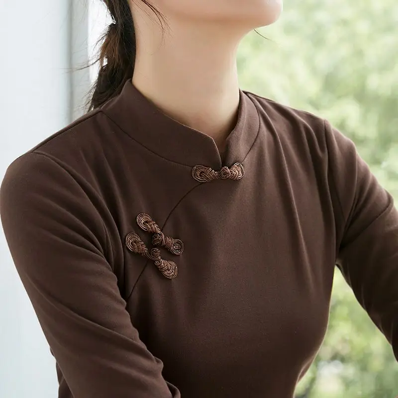 Aesthetic Chinese Long Sleeve Tees Top Women Turtle Neck Cotton T-shirt Autumn Winter Basic Tshirt Female Shirt Middle Age