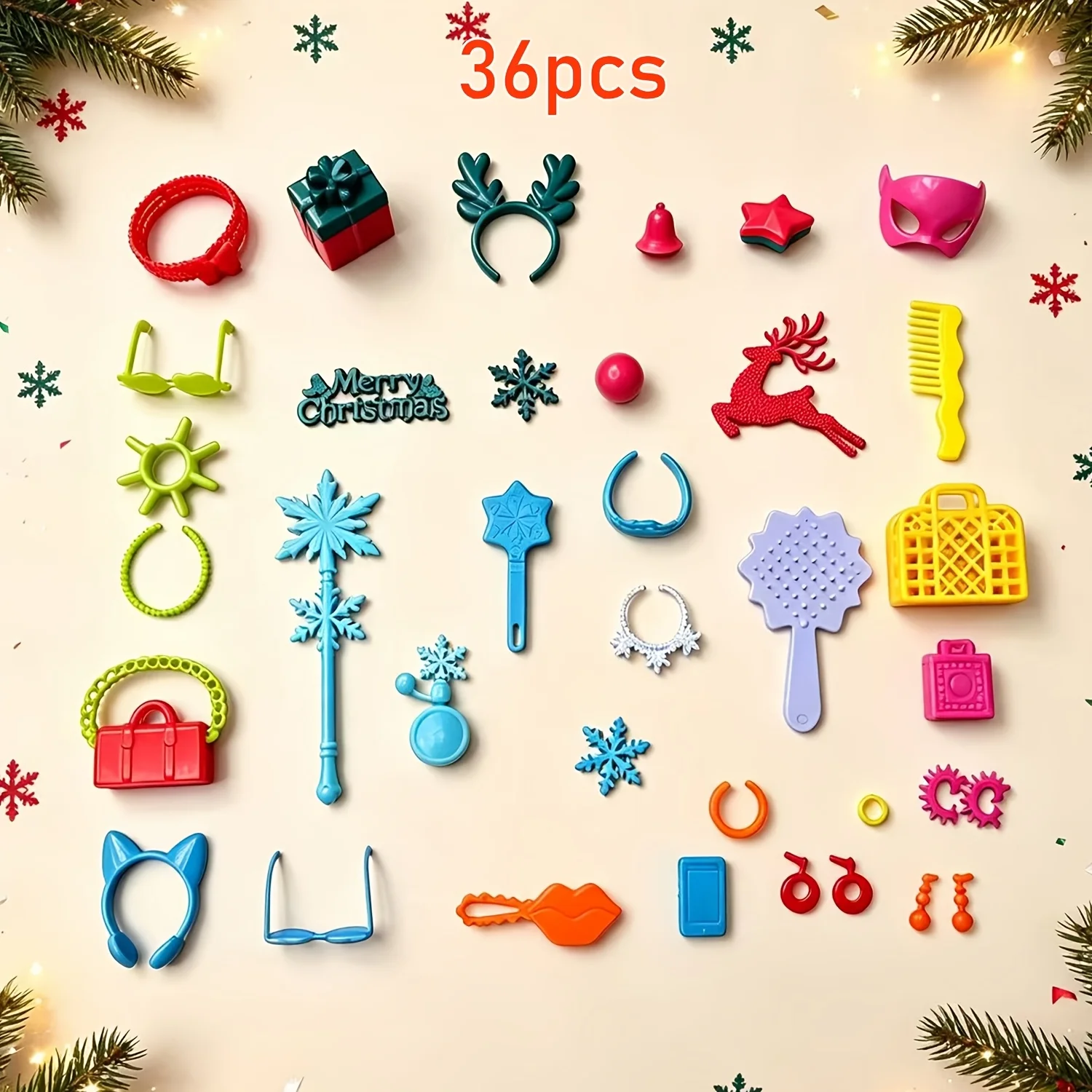 36 Pcs Christmas & Snow Decor Accessory Set, Bags, Earrings, Crowns, Glasses, Fits 30cm Dolls, Dress-Up Gift, Random Color