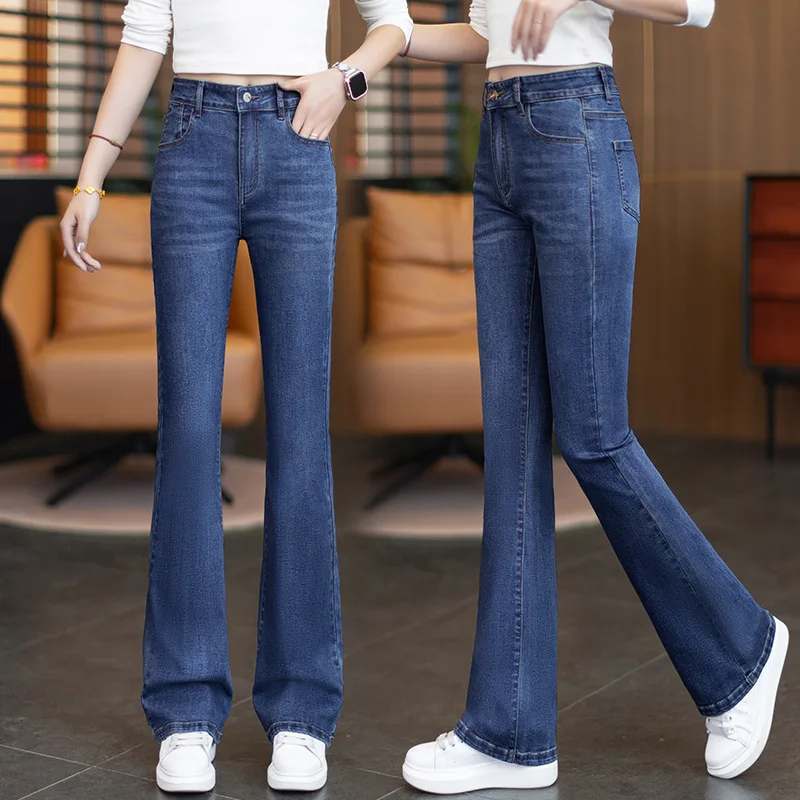 

Расклешенные джинсы для женщин, осенние новые облегающие брюки с высокой талией, эластичные универсальные брюки в стиле ретро