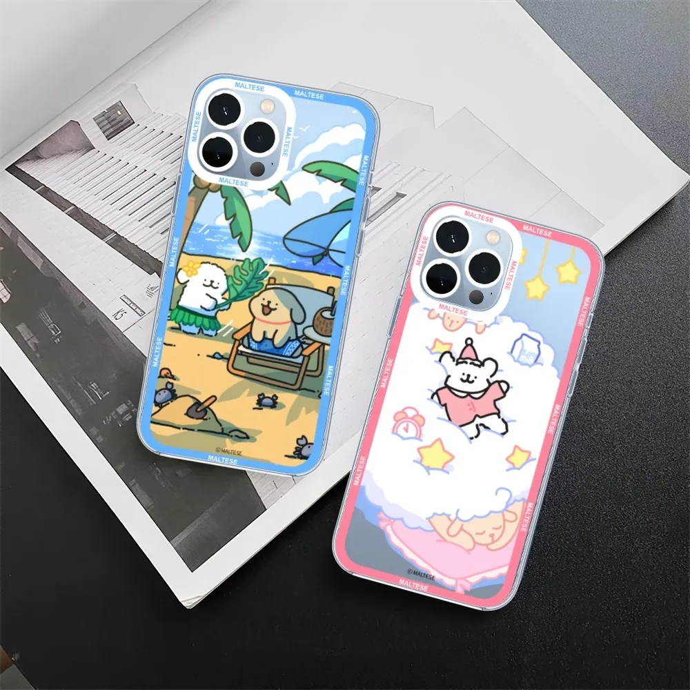 Cartoon Line Dog Maltese Phone Case For iPhone 11 12 Mini 13 14 15 Pro Max Transparent Shell