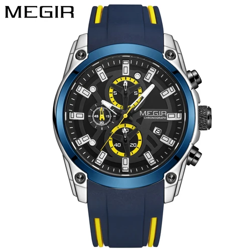 Reloj de cuarzo MEGIR para hombre, marca superior, banda de goma de lujo, resistente al agua 3ATM, cronógrafo de negocios, relojes de pulsera deportivos para hombre 2144