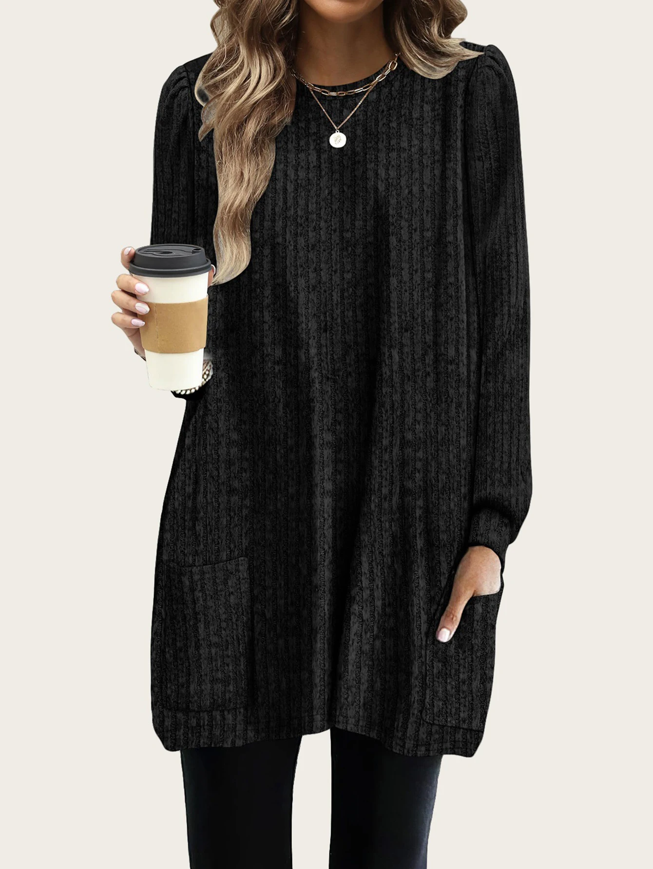 UNIKTEE Women's Long Sleeve round Neck Dress Autumn Winter Comfortable Solid Color Christmas Pockets Women's Dress