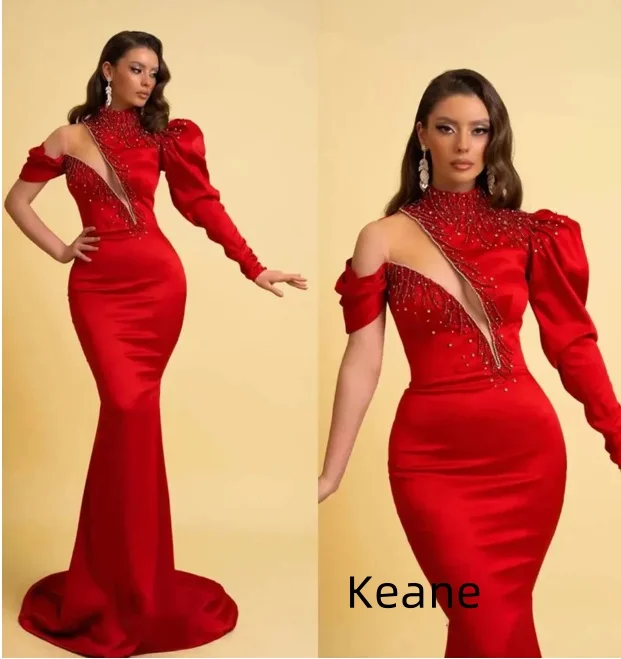 

Red Deep V One Sleeve Mermaid Satin Evening Dress vestido de festa Islamic Dubai Kaftan Saudi Arabic Evening Prom Dress