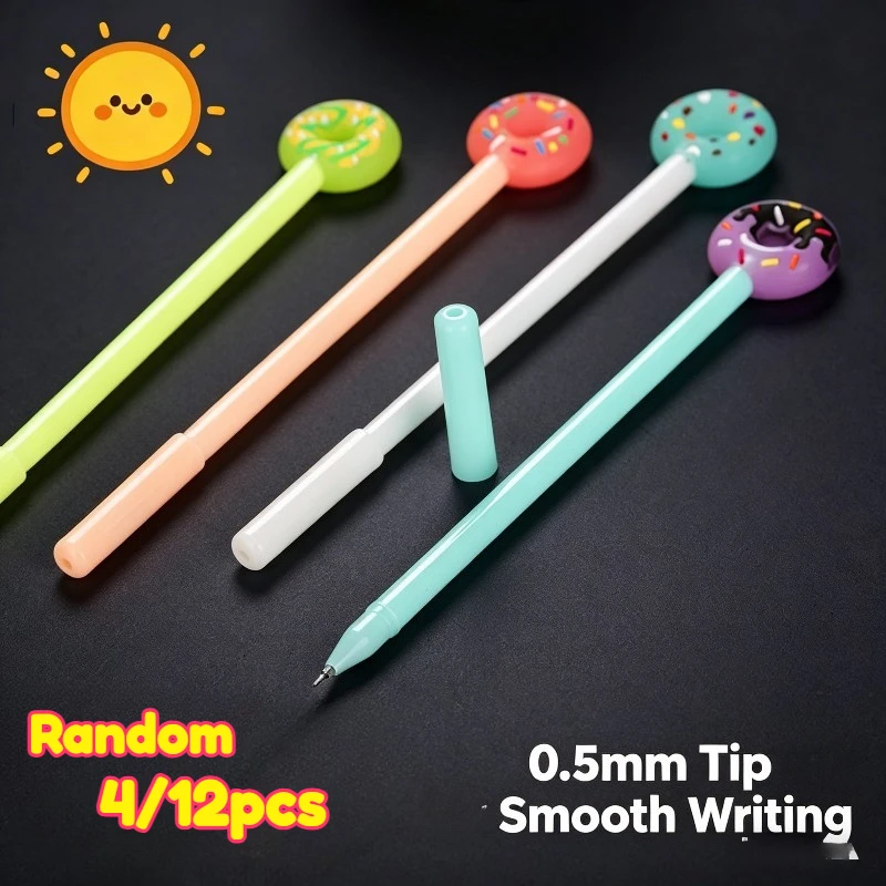 4/12Pcs Gel Pens Cute Donut Silicone Topper Sign Pens, 0.5mm Stainless Steel Nib Stationery for Student School Office Writing