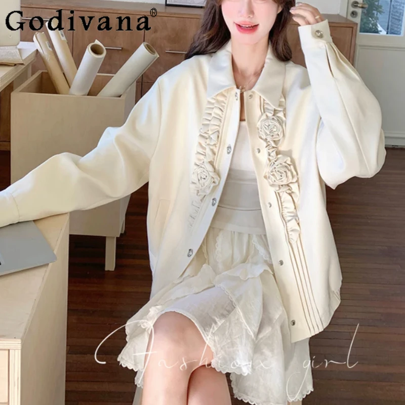 

Womens Spring Autumn White Three-dimensional Lace Sweet Cool Jacket Fashion Loose Turn-down Collar Long Sleeve Korean Jacketes