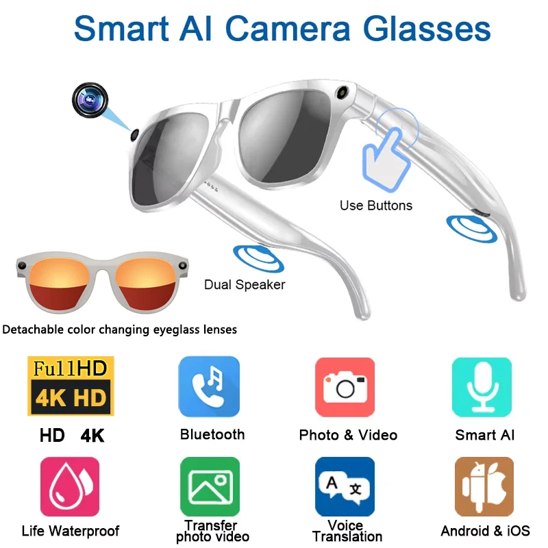 6K HD AI Camera Bril 800MP Fotochromatische Multifunctionele Smart Bril Bluetooth Bellen Foto Video ChatGPT Muziek Vertaling - afbeelding 1