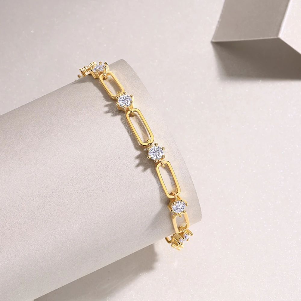 Sweetrain 4mm Moissanite Bracelet For Women 18K Gold Plated 925 Silver D Color Lab Created Diamond Bracelet Anniversary Gift