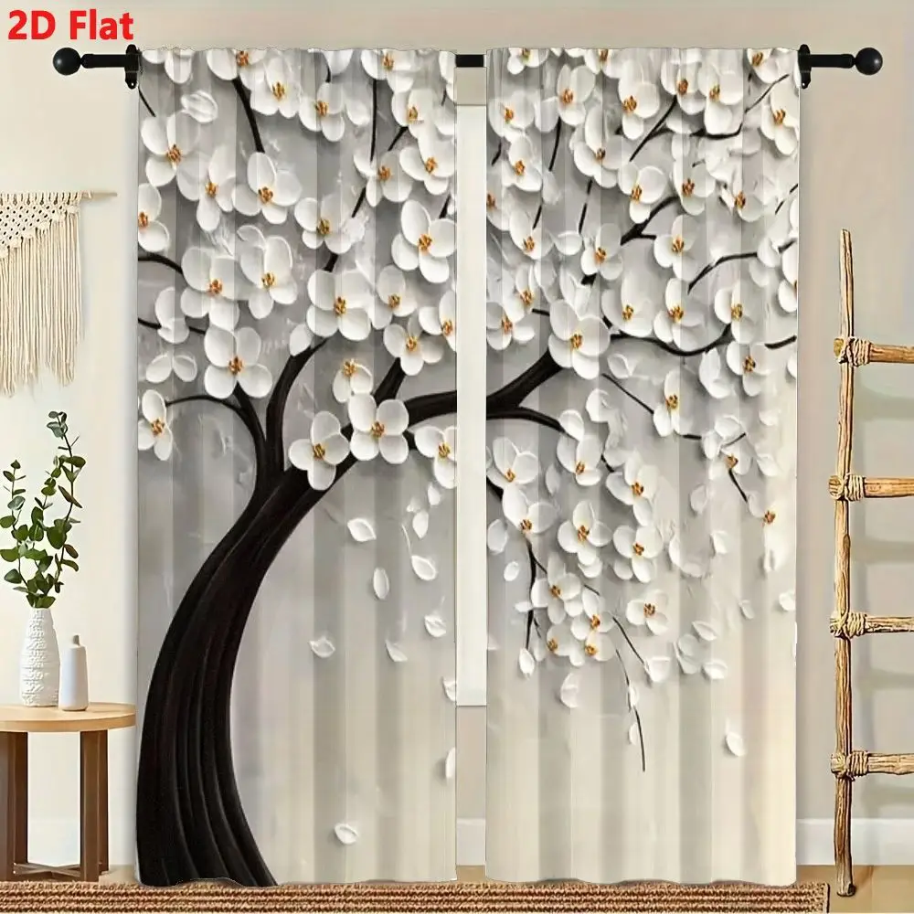 2Pcs Curtains 2D Flat Artistic Tree With Dark Brown Twisting Trunk White Flowers Delicate Petals Yellow Center Light Gray Backgr 3