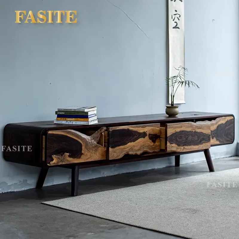 Solid Wood TV Stand Log Ebony Floor to Ceiling Cabinet Simple Wabi Sabi Living Room Storage Unit Small Apartment Coffee Table