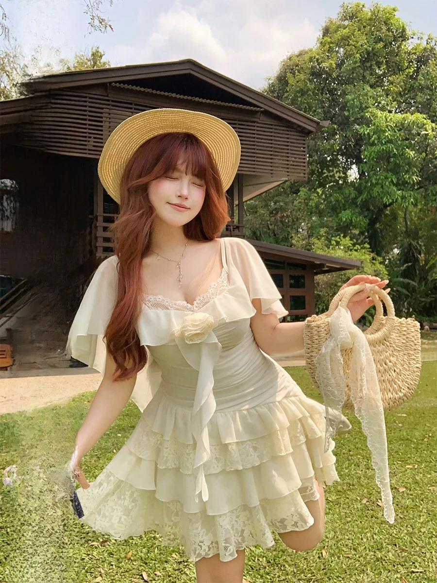 

Romantic Style Lace Trimmed Chiffon Dress Women's plus Size Waist Cinched Slimming Skirt Short Sleeve Zipper Closure A-Line D...