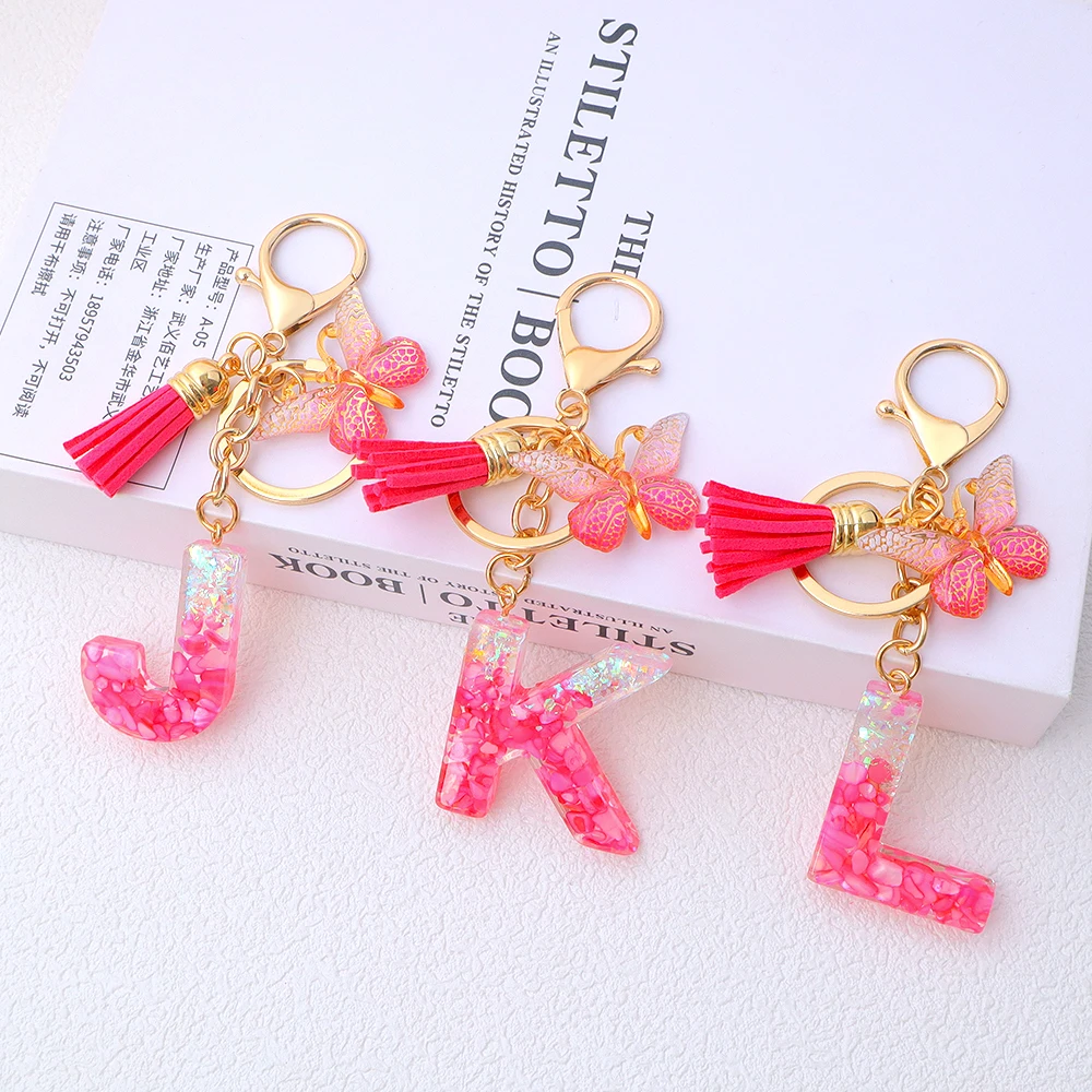 A-Z Pink Gravel Sequin Filled Letter Keychain Exquisite Butterfly Initials Keyring for Women Handbag Accessories Friend Gift