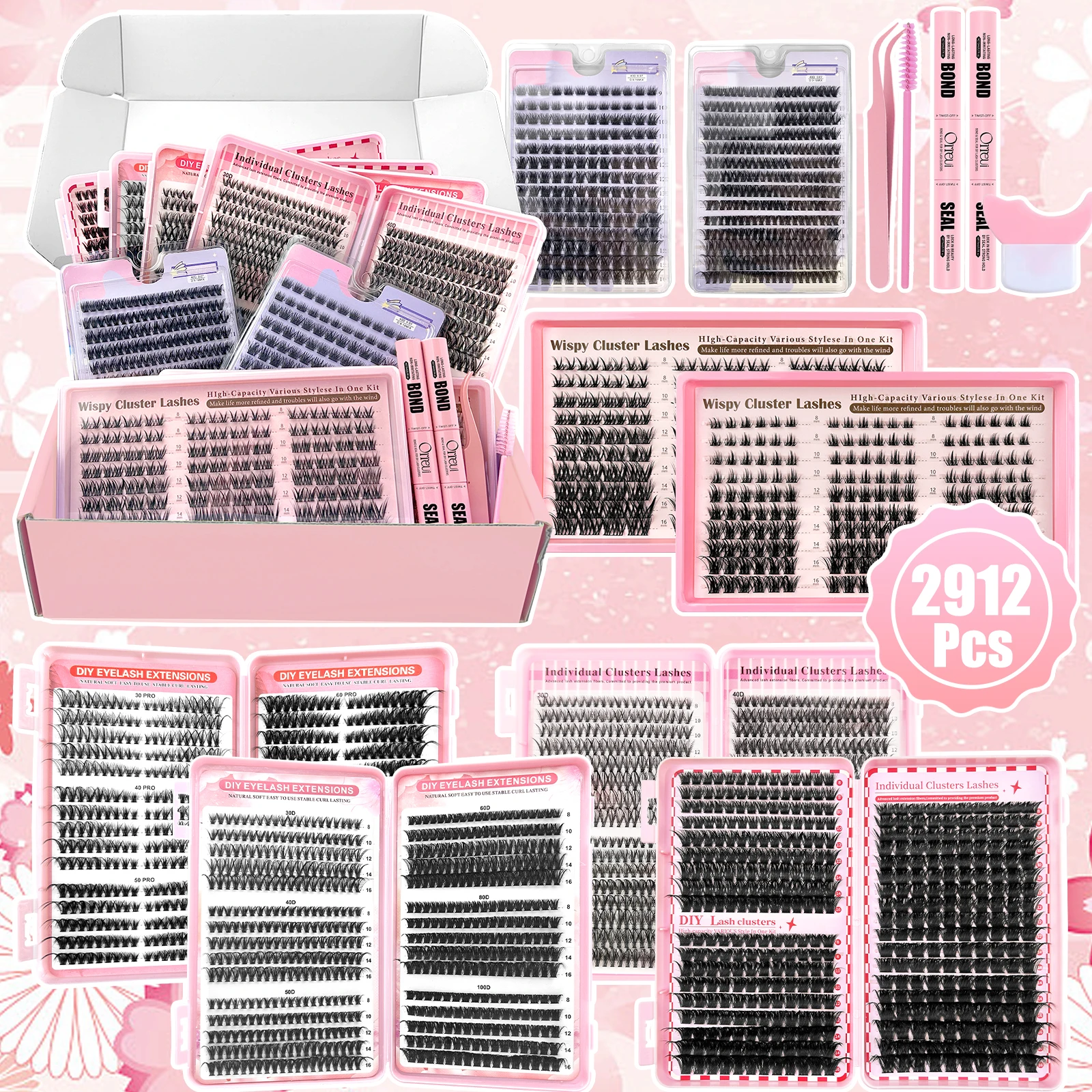 2912Pcs DIY Cluster Lashes Kit 30D-100D 8-16mm Mixed Length Wispy Individual Eyelash Extensions with Bond Seal Tweezers Lash Bru