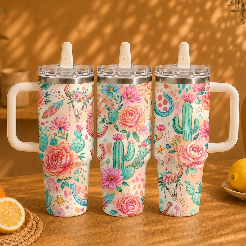 Western Floral Cactus Vacuum Flasks 40oz Thermal Tumbler with Handle Stainless Steel Vacuum Insulated Water Cup