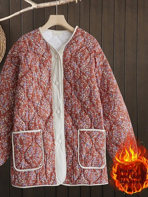 

Новинка 2025, легкая хлопковая женская куртка свободного кроя больших размеров с цветочным принтом, морозостойкое пальто в стиле ретро в этническом стиле