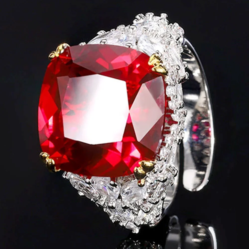 

KQDANCE Sparkling Large Cushion Cut Sapphire Blue Ruby Red High Carbon Diamond Rings For Women Party Jewelry