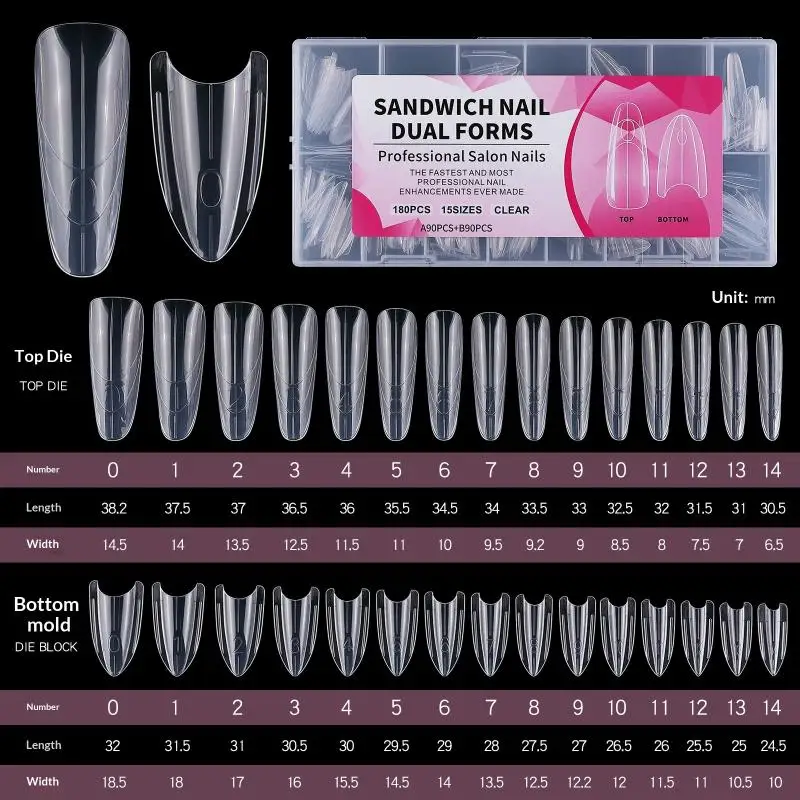 180Pcs Dual Nail Extension Forms Sandwich Molds Soft Material Easy Shape Oval Coffin for Home Salon Manicure Use
