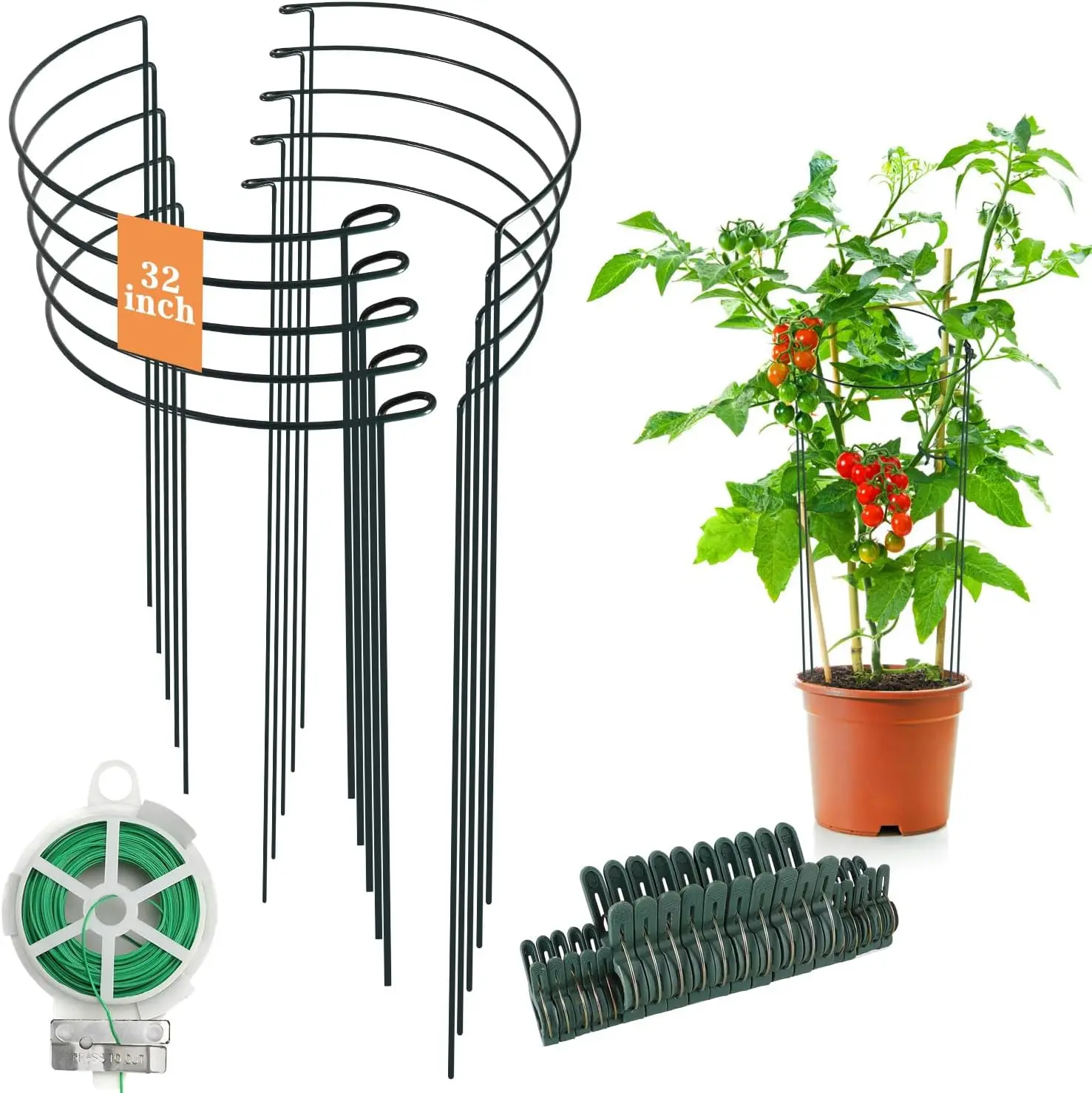 32 inch Plant Support Stakes, 10 Pack Half Round Metal Garden Plant Stake Heavy-Duty Plant Support Ring and Cage