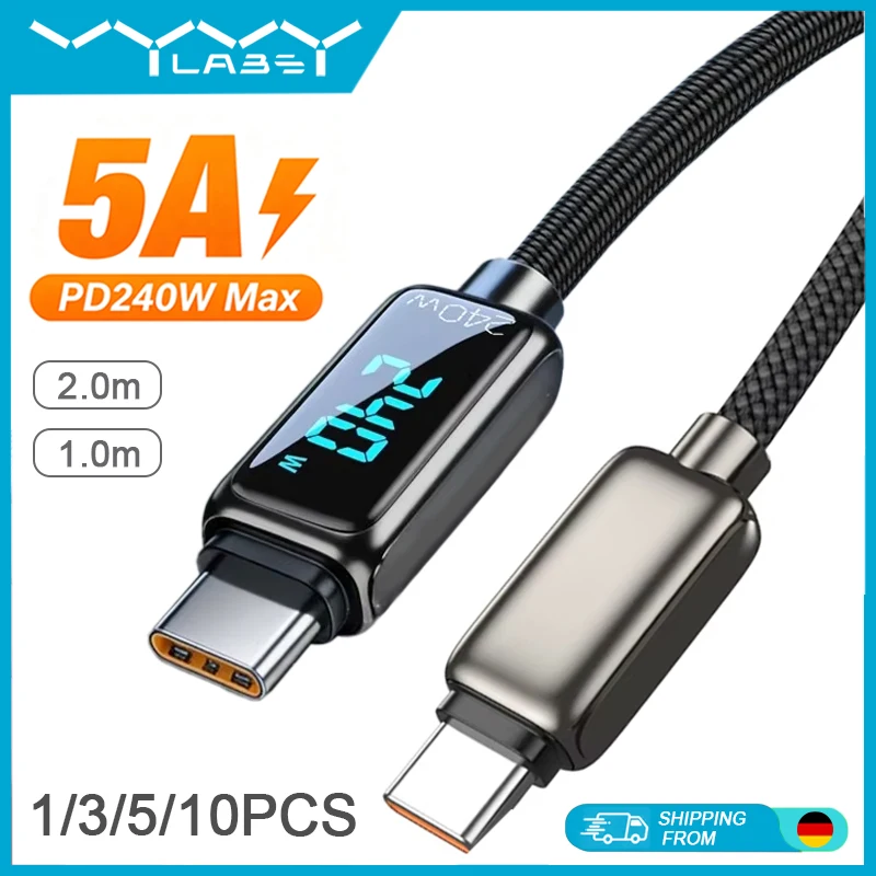 Vyvylabs 1/3/5/10 Stück 240W Typ-C-auf-Typ-C-Kabel mit Digitalanzeige 1M / 2M – Schnelles USB-C-auf-Typ-C-Ladekabel für iPhone 17 16 Pro Max 15 Plus, Samsung, Xiaomi, Huawei, LG, OnePlus, Oppo, Vivo