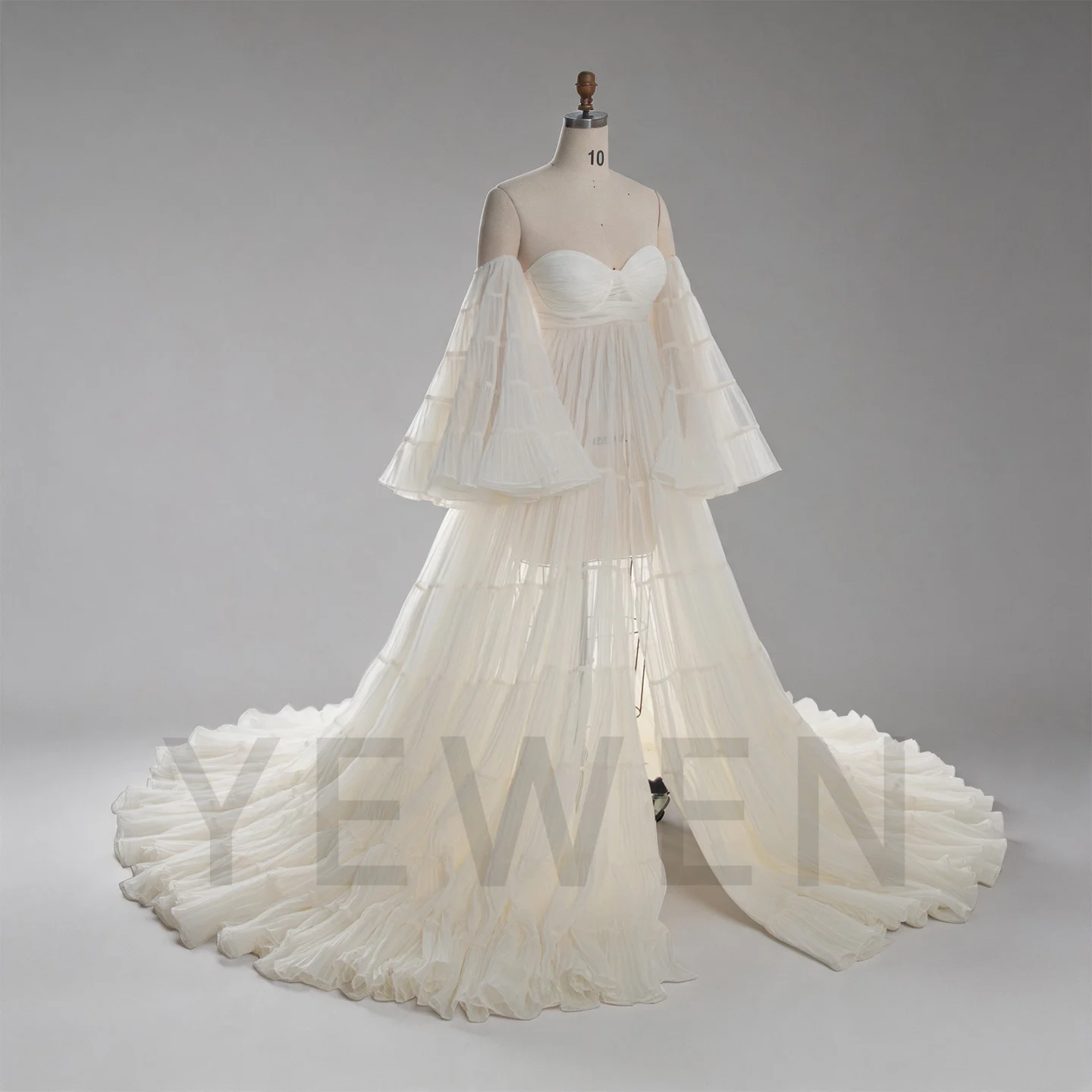 Cream Organza Pleated Maternity Gown for Baby Shower Pregnancy Dress Photo Shoot YW260305