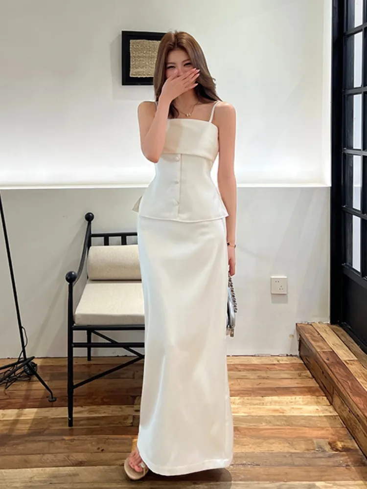 

Summer 2026 Simple Pure Desire Strap Top Half Skirt High Waist Long Dress Two Piece Set Women's Fashion Breathable Casual Wear