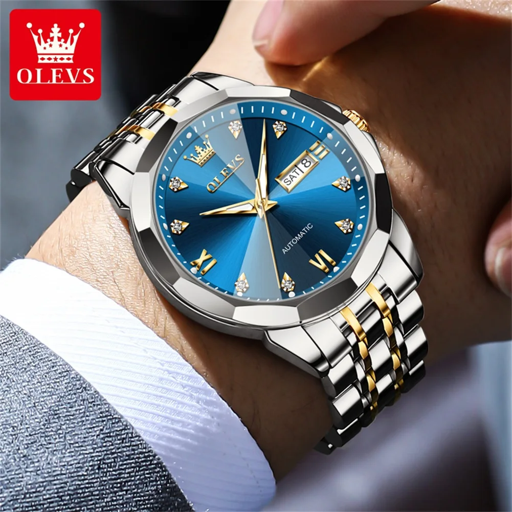 OLEVS 9982 Men\'s Watches Rhombus Mirror Original Automatic Mechanical Watch for Man Waterproof Stainless Steel Wristwatch Male