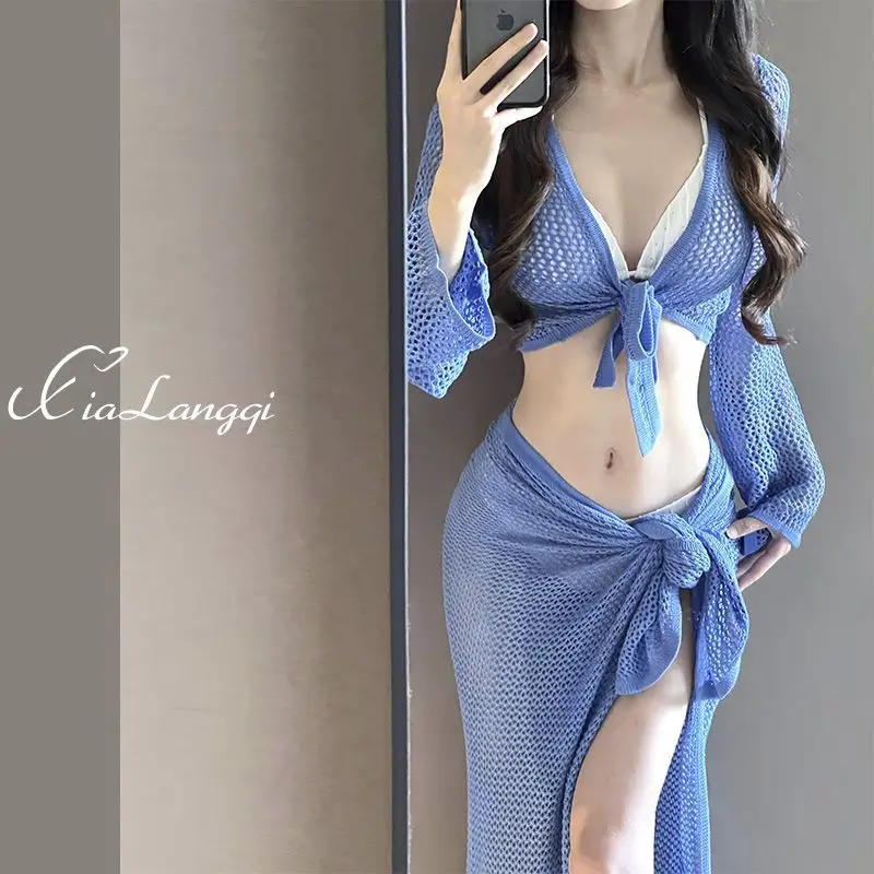 

Sexy Pink Bikini with Cover Up Blue Cardigan Skirt 4pcs Set for Women Beach Vacation Swimwear Summer Pool Party Bikini Outfit