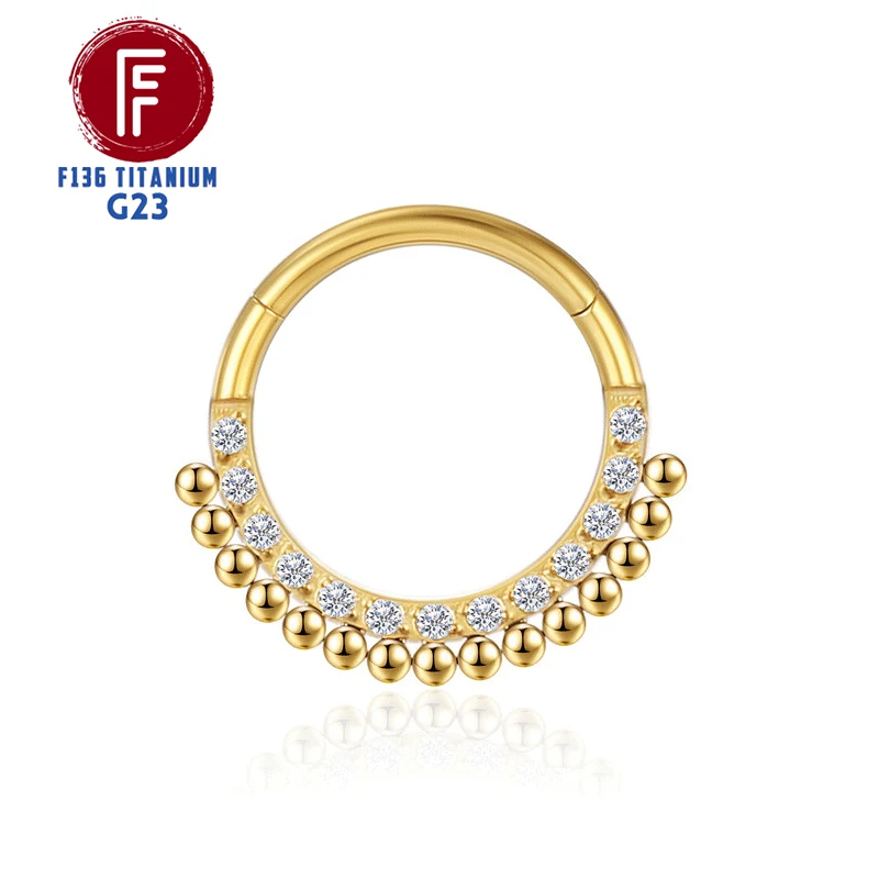F136 Titanium Nose Piercing Hinged Bead Hoops CZ Stone Rings