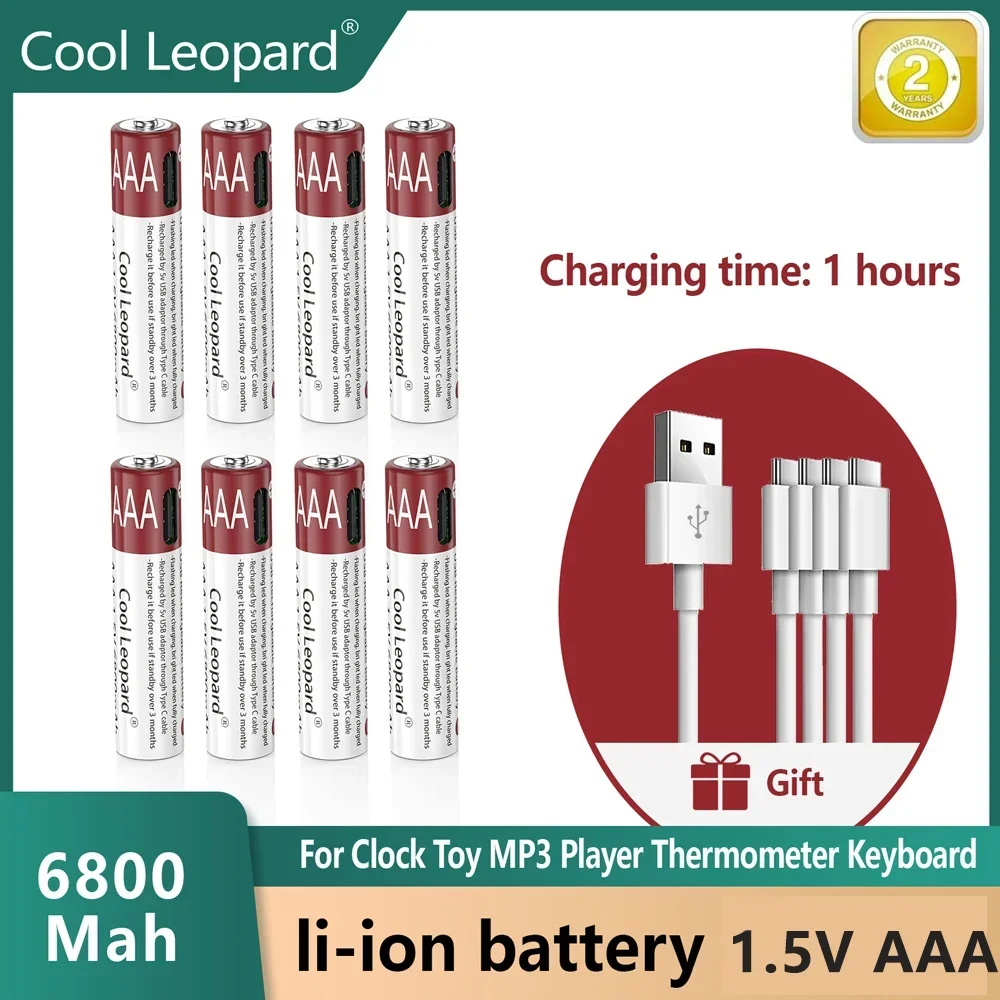 

1.5V USB AAA Rechargeable Batteries 1.5V 6800mAh li-ion battery for remote control mouseElectric toy battery + Type-C Cable