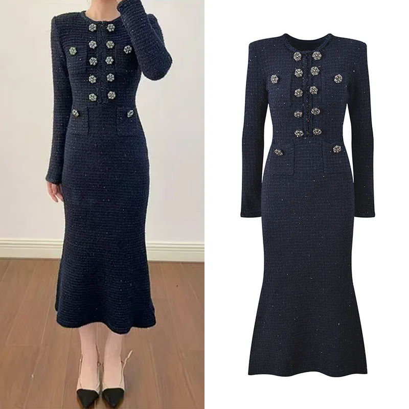 Elegant Autumn Knitted Dress Women Full Sleeve Double Breasted Beading Winter Clothing Blue Sweater Midi Sheath Dresses Knitwear