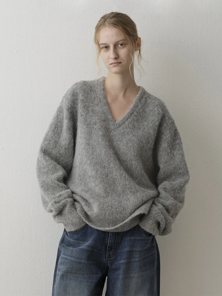 

Women's V-ne Knitwear Loose Fit Warm Alpaca Wool Long Sve Soft Pure Color Autumn New Sle Casual Comfortable Sweater