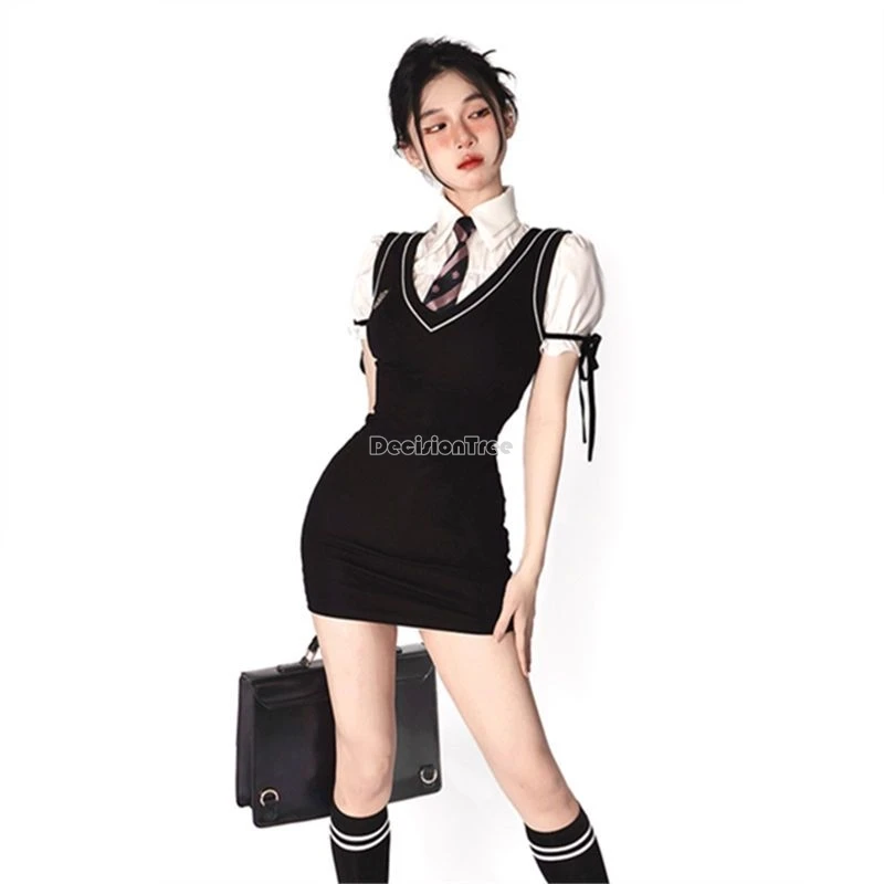 2024 korean japan style preppy waistcoat dress women jk uniform puffy sleeve shirt + hip skirt fashion retro jk uniform set b108