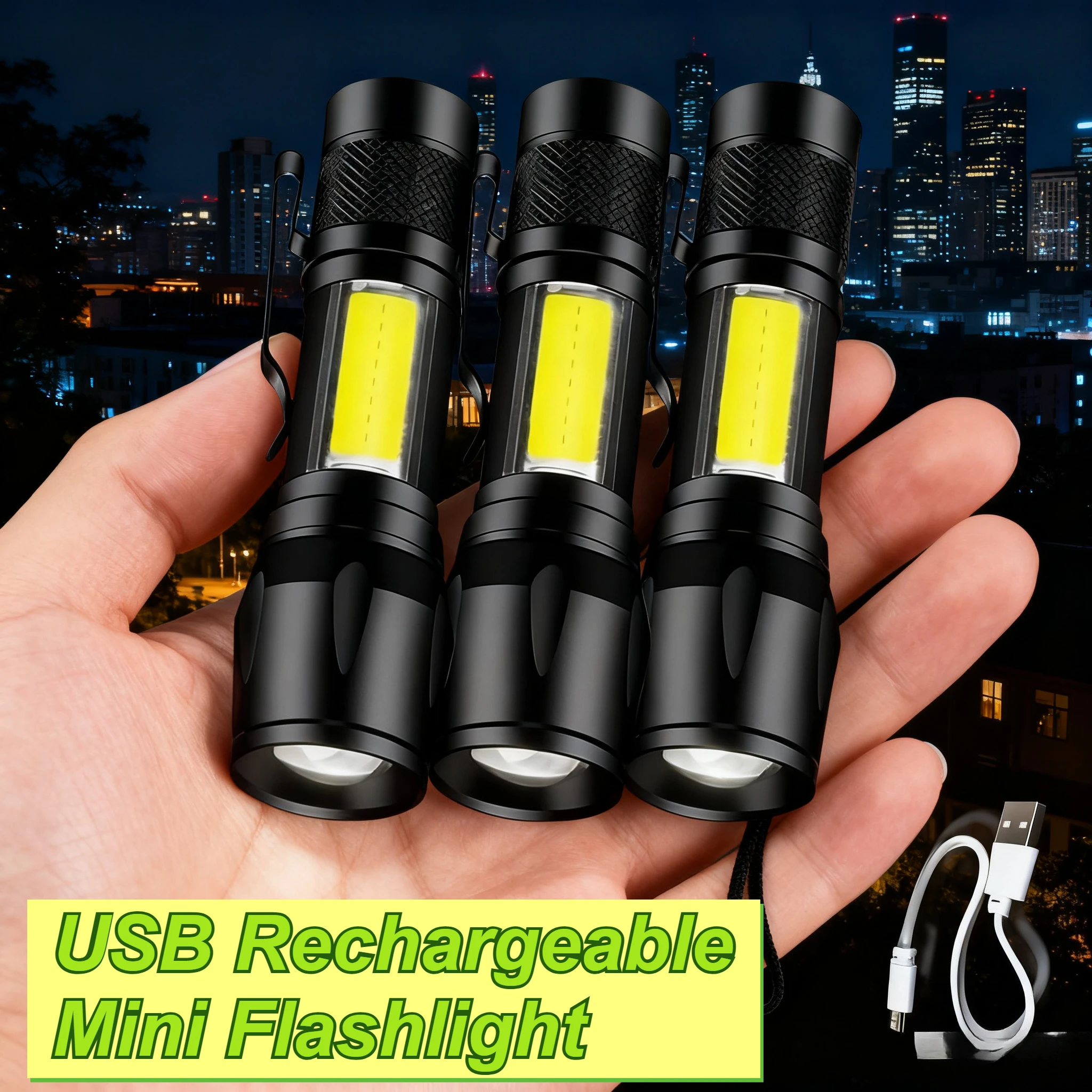 Mini LED Flashlight COB+XPE Portable Torch USB Charging Camping Lantern Zoomable Focus Light Tactical Flashlight with Pen Clip