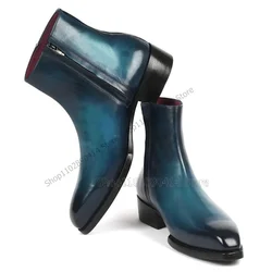 Botas con diseño de costura de colores degradados para hombre, zapatos con cremallera lateral, hechos a mano, de lujo, para fiesta, banquete y oficina